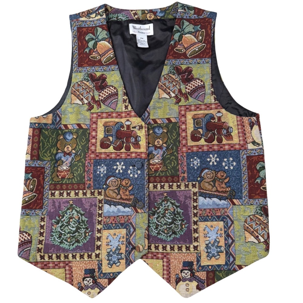 Christmas Tapestry Vest Westbound Petites‎ PM Snowman Train Holiday